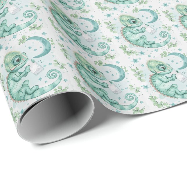 Chameleon Cute Baby Pastel Watercolor Pattern  Wrapping Paper (Roll Corner)