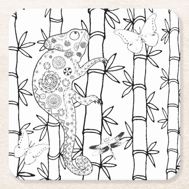 Chameleon Doodle Square Paper Coaster (Front)