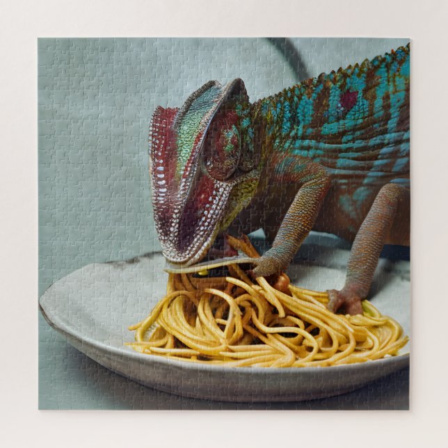 Chameleon Eating Spaghetti AI generated art Jigsaw Puzzle (Vertical)