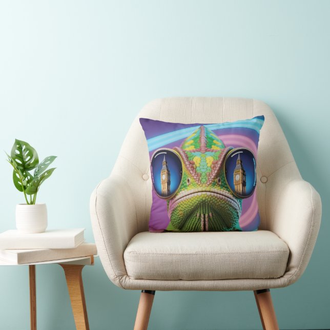 Chameleon Eye Reflection of Big Ben in Neon Lights Cushion (Chair)