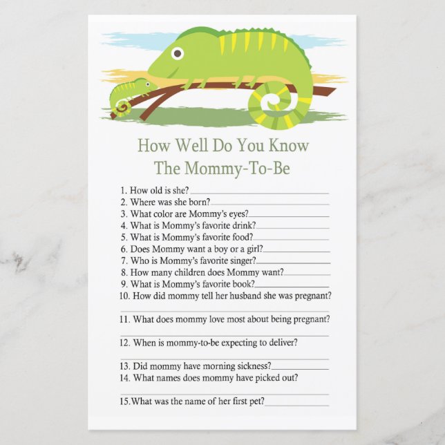 Chameleon How well do you know baby shower game (Front)