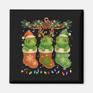 Chameleon In Christmas Socks Lights Chameleon Xmas Magnet