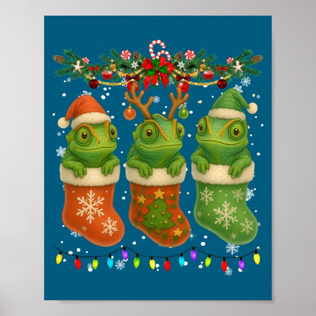 Chameleon In Christmas Socks Lights Chameleon Xmas Poster (Front)