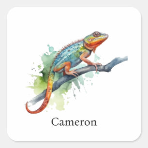 chameleon on a branch, customisable square sticker