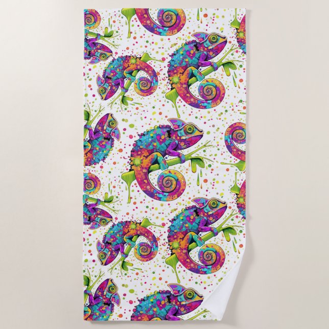 Chameleon Paint Stains Watercolor Style Beach Towel (Front)
