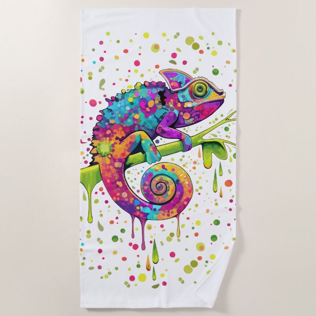 Chameleon Paint Stains Watercolor Style Beach Towel (Front)