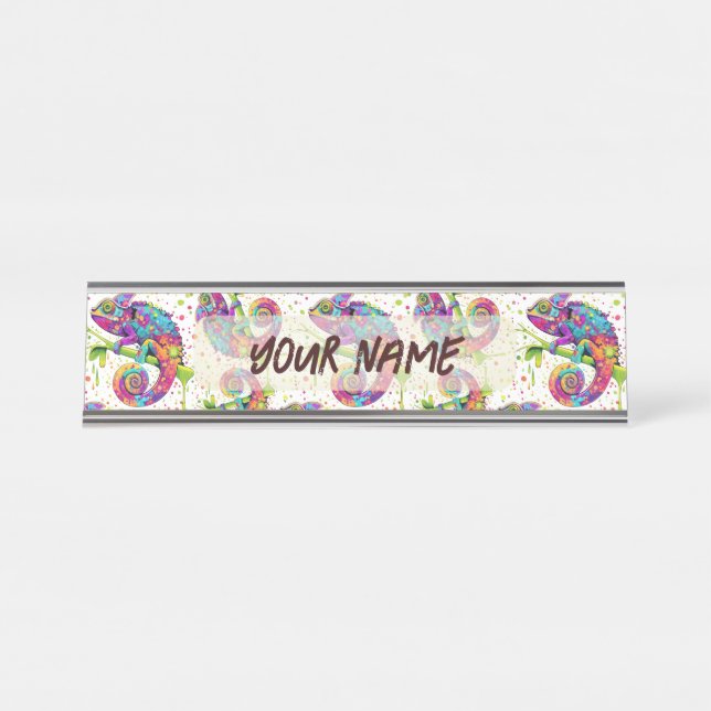 Chameleon Paint Stains Watercolor Style Desk Name Plate (Front)