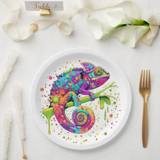 Chameleon Paint Stains Watercolor Style Paper Plate