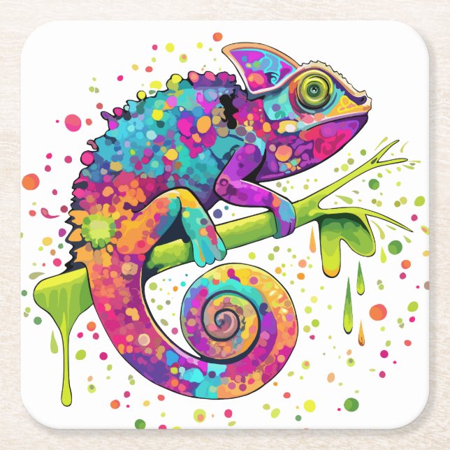 Chameleon Paint Stains Watercolor Style Square Paper Coaster (Front)