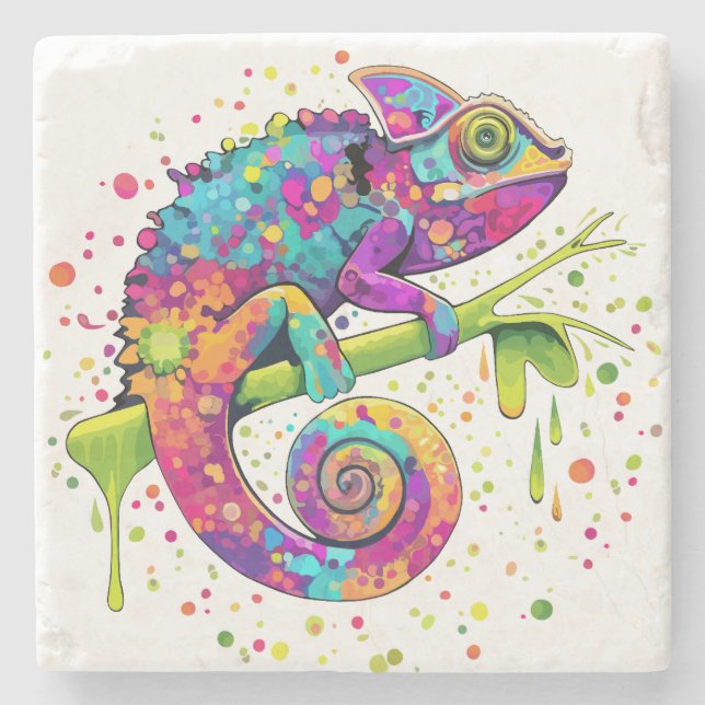 Chameleon Paint Stains Watercolor Style Stone Coaster (Front)