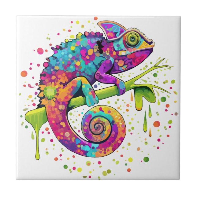 Chameleon Paint Stains Watercolor Style Tile (Front)