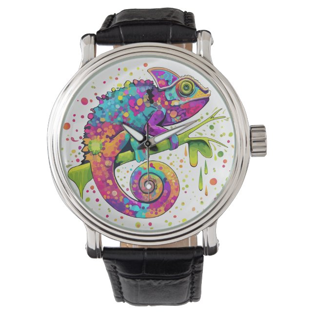 Chameleon Paint Stains Watercolor Style Watch (Front)