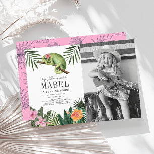 Chameleon Reptile Girl White Birthday Photo Invitation