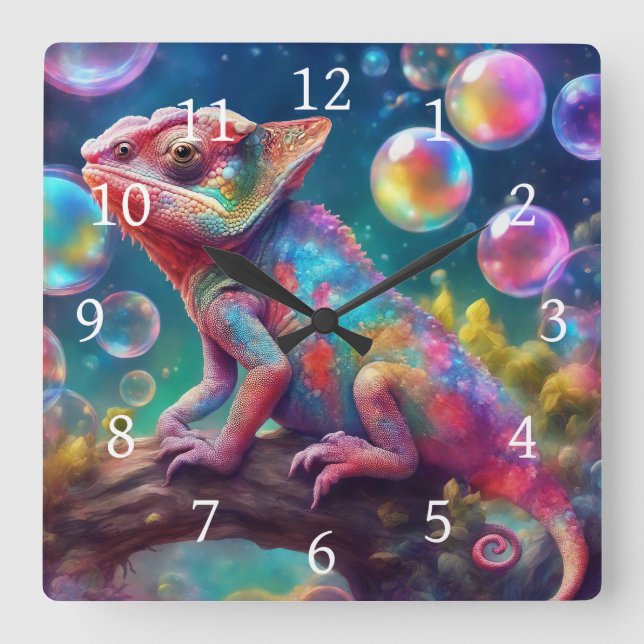 Chameleon with bubbles square wall clock (Front)