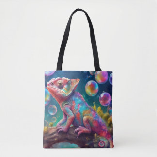 Chameleon with bubbles tote bag