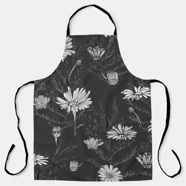 Chamomile Black Pen: Floral Sketch. Apron (Front)