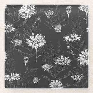 Chamomile Black Pen: Floral Sketch. Glass Coaster
