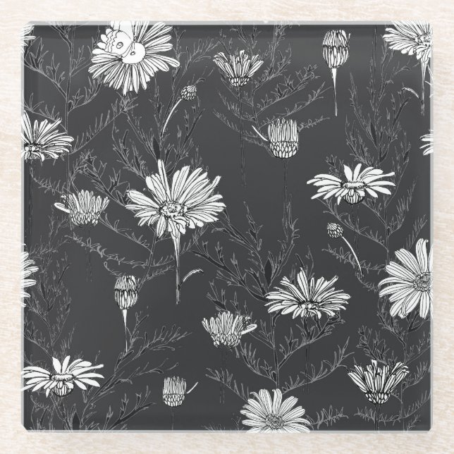 Chamomile Black Pen: Floral Sketch. Glass Coaster (Front)