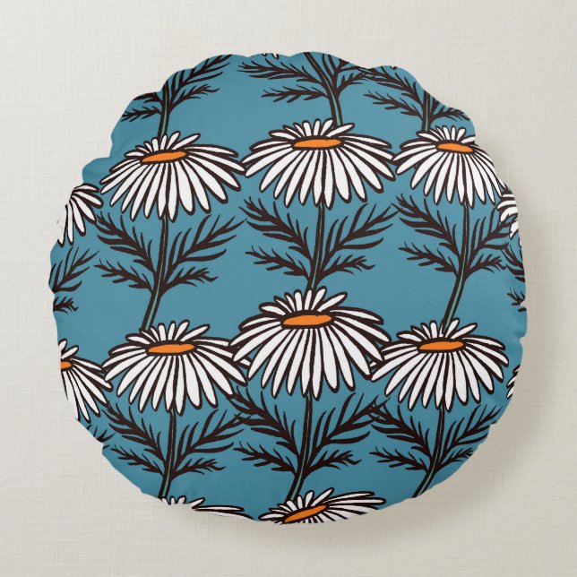 Chamomile, blue vintage cartoon pattern. round cushion (Front)