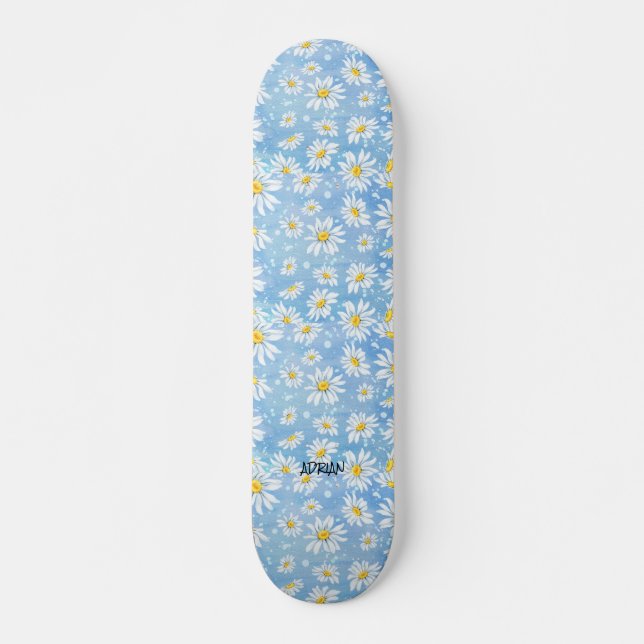Chamomile Flower Blue & Name or Text Skateboard (Front)