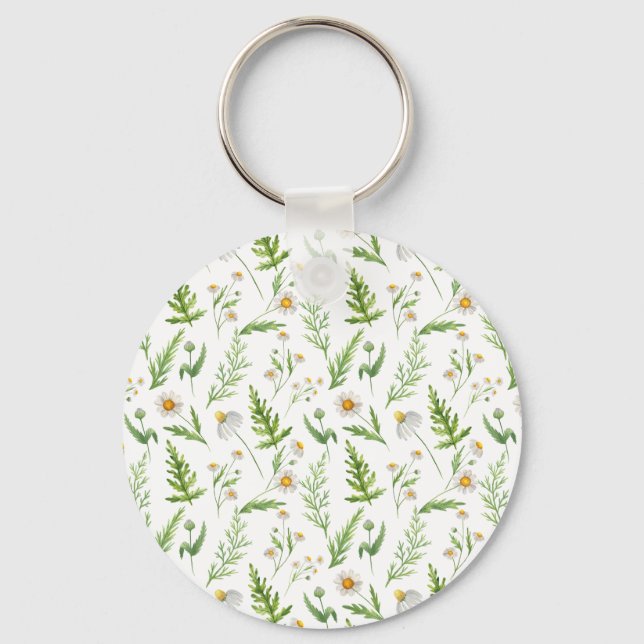 Chamomile Flower Botanical Rustic Pattern Key Ring (Front)