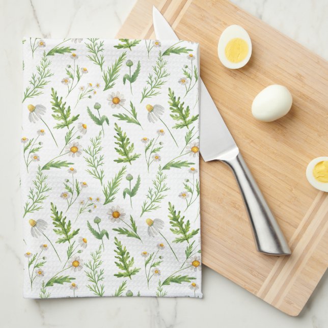 Chamomile Flower Botanical Rustic Pattern Tea Towel (Quarter Fold)