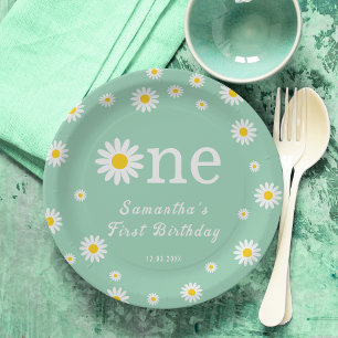 Chamomile Flower Green Watercolor First Birthday Paper Plate