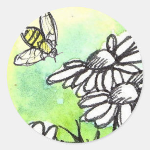 Chamomile Flower Honey Bee Watercolor Lime Green Classic Round Sticker