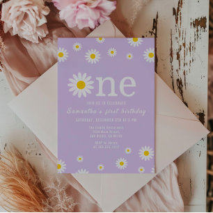 Chamomile Flower Watercolor Purple First Birthday Invitation