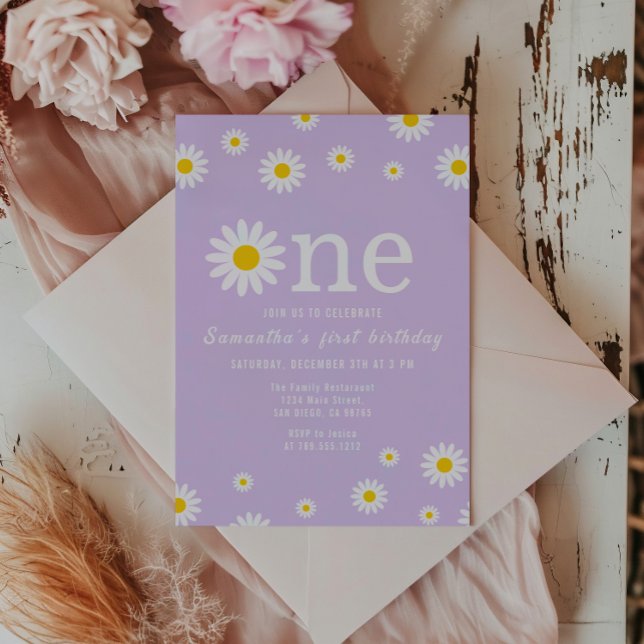 Chamomile Flower Watercolor Purple First Birthday Invitation (Creator Uploaded)