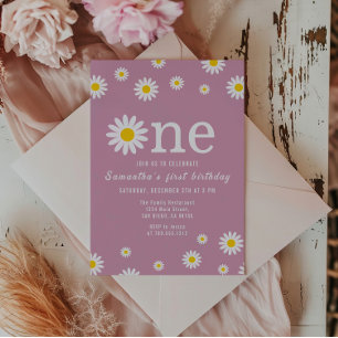 Chamomile Flower Watercolor Red First Birthday Invitation