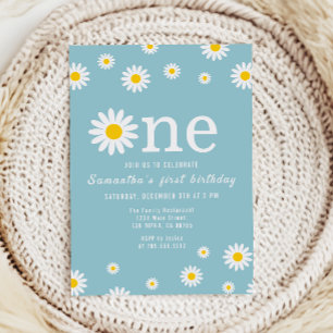 Chamomile Flower Watercolor Teal First Birthday In Invitation