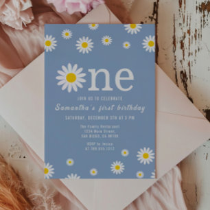 Chamomile Flower Wildflower Blue First Birthday Invitation