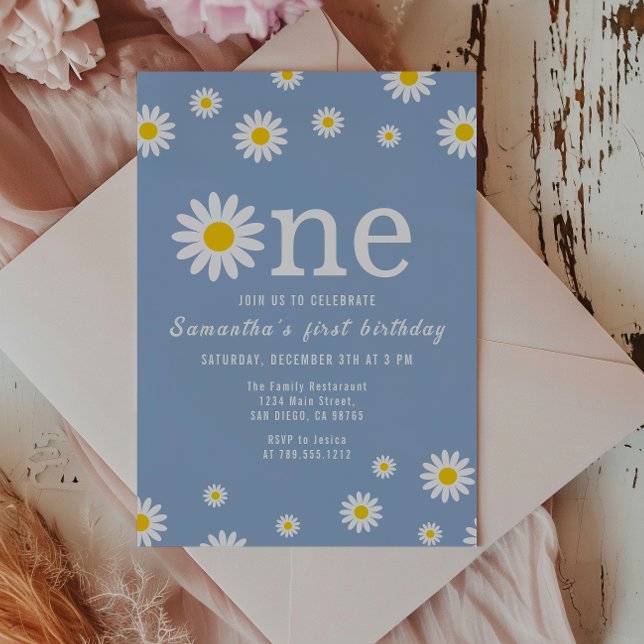 Chamomile Flower Wildflower Blue First Birthday Invitation (Creator Uploaded)