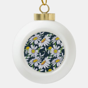 Chamomile Flowers: Dark Blue Watercolor. Ceramic Ball Christmas Ornament