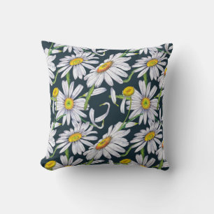 Chamomile Flowers: Dark Blue Watercolor. Cushion