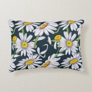 Chamomile Flowers: Dark Blue Watercolor. Decorative Cushion