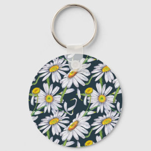 Chamomile Flowers: Dark Blue Watercolor. Key Ring