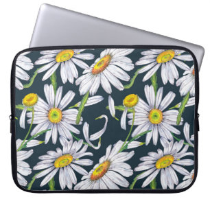 Chamomile Flowers: Dark Blue Watercolor. Laptop Sleeve