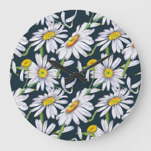 Chamomile Flowers: Dark Blue Watercolor. Large Clock