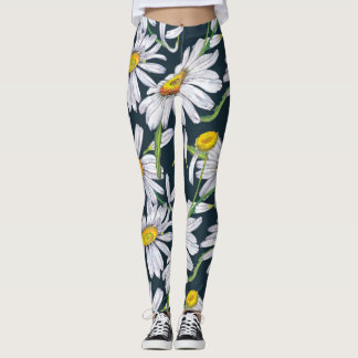 Chamomile Flowers: Dark Blue Watercolor. Leggings