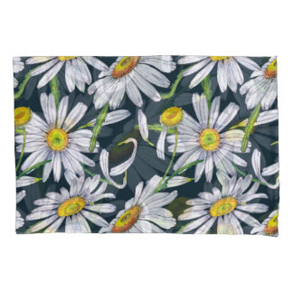 Chamomile Flowers: Dark Blue Watercolor. Pillowcase
