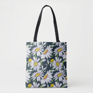 Chamomile Flowers: Dark Blue Watercolor. Tote Bag