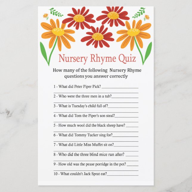 Chamomile Nursery Rhyme Quiz baby shower game (Front)