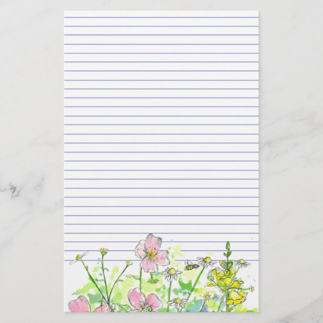 Chamomile Snapdragons Wildflowers Honey Bee Lined Stationery (Front)