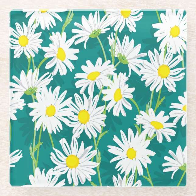 Chamomile Turquoise: Floral Seamless Illustration. Glass Coaster (Front)