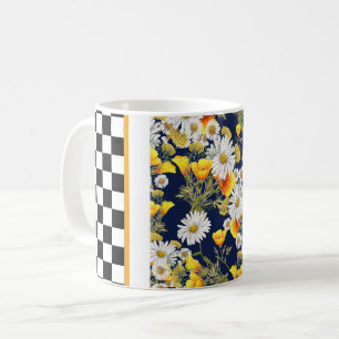 Chamomiles Poppies and Chequerboard Coffee Mug