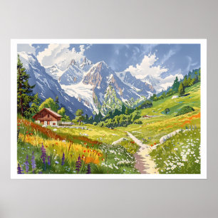Chamonix, France Retro Mountain Poster