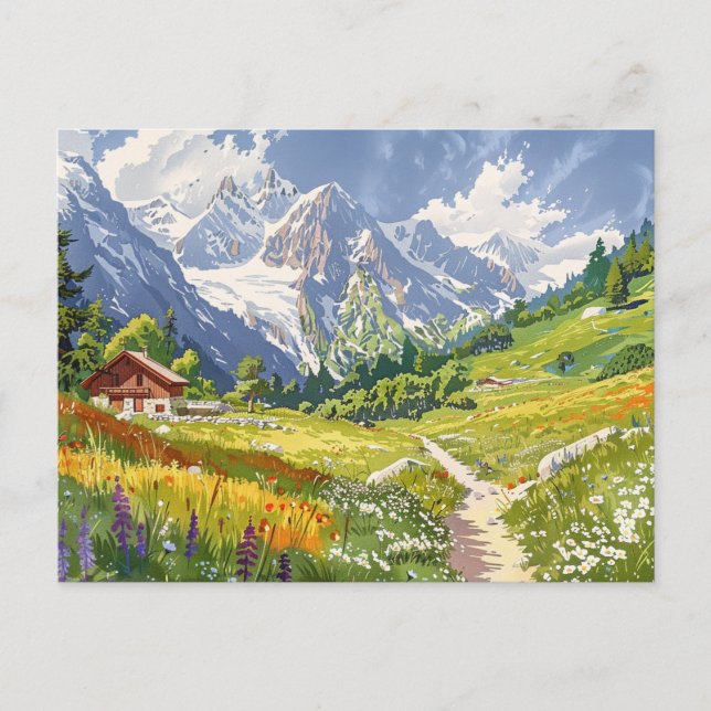 Chamonix, France Retro Mountain Travel Postcard (Front)