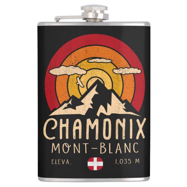 Chamonix France Retro Sunset Skiing Souvenirs 80s Hip Flask (Front)